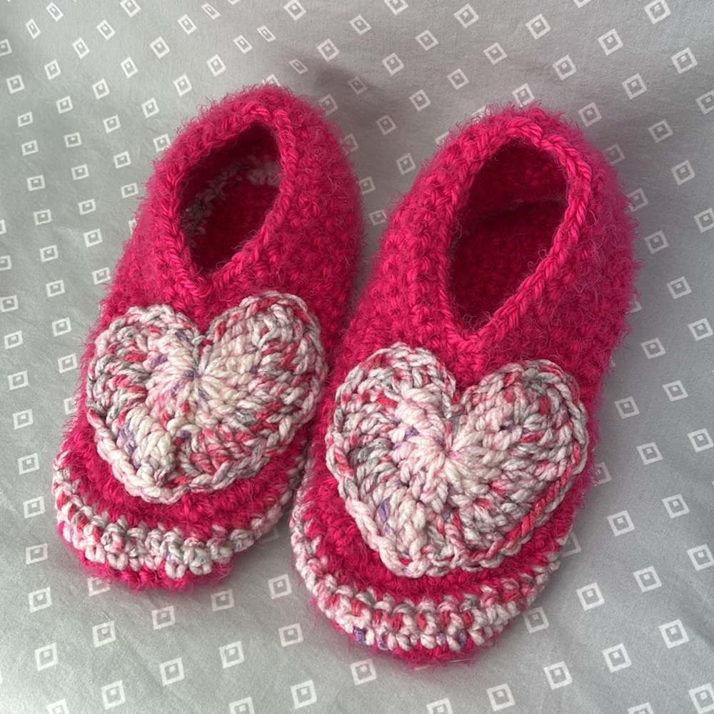 Fuzzy Pink Hearts Crochet Slippers